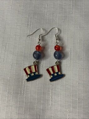 Red, Blue & White Uncle Sam Hat Dangle Earrings - Patriotic Accessories